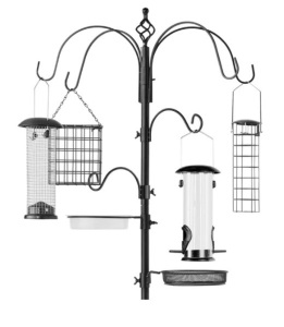 Bird Feeding Station, 6-Hook Steel Multi-Feeder Stand w/ 4 Feeders - 89in, Appears New