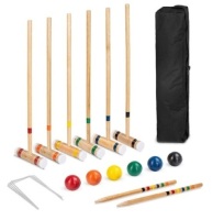 6-Player Wood Croquet Set w/ 6 Mallets, 6 Balls, Wickets, Stakes, Bag - 32in