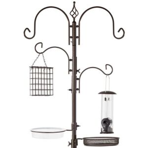 4-Hook Bird Feeding Station, Steel Feeder Stand w/ 2 Bird Feeders - 91in