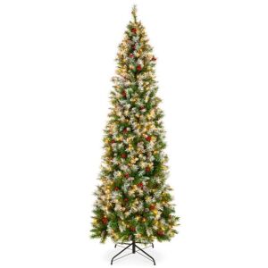 6' Pre-Lit Partially Flocked Spruce Pencil Tree w/ Berries, Pine Cones