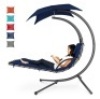 Hanging Curved Chaise Lounge Chair w/ Built-In Pillow, Removable Canopy, Navy Blue
