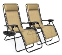 Set of 2 Adjustable Zero Gravity Patio Chair Recliners w/ Cup Holders, Beige