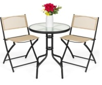 3-Piece Bistro Set w/ Glass Table, 2 Foldable Chairs, Beige
