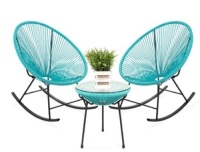 3-Piece Patio Woven Rope Acapulco Rocking Chair Bistro Set, Blue