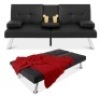 Faux Leather Upholstered Convertible Sofa Bed Futon w/ 2 Cupholders, Black