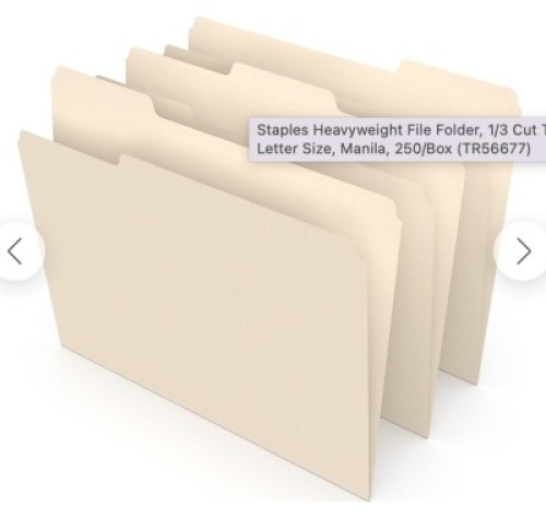 Staples File Folder, 3-Tab, Letter Size, E-Comm Return, Retail 64.99
