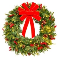 Pre-Lit Battery Powered Christmas Wreath w/ Lights, PVC Tips, Ribbon, 24in