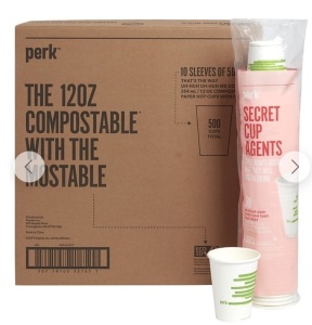 Perk Compostable Paper Hot Cups, 12 Oz., 500 pack, Appears new, Retail 75.99