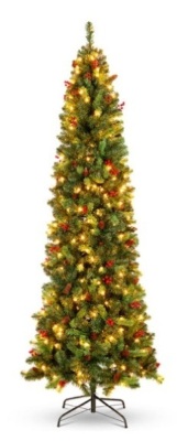 Pre-Lit Spruce Pencil Christmas Tree w/ Berries, Pine Cones, 7.5ft
