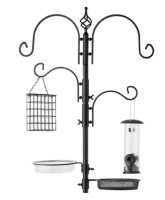 4-Hook Bird Feeding Station, Steel Feeder Stand w/ 2 Bird Feeders - 91in, Black