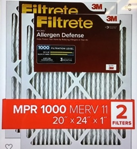 3M, Allergen Defense, MPR 1000 MERV 11, 20x24x1, Lot of 2, Like New, Retail - $33.99