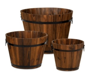 Set of 3 Rustic Wood Bucket Barrel Garden Planters Set w/ Drainage Holes