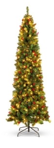 Pre-Lit Spruce Pencil Christmas Tree w/ Berries, Pine Cones, 12ft