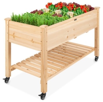 Mobile Raised Garden Bed Elevated Wood Planter w/ Wheels, Storage Shelf