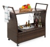 Wicker Serving Bar Cart w/ Wheels, Glass Counter, Ice Bucket