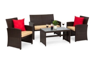 4-Piece Outdoor Wicker Conversation Patio Set w/ 4 Seats, Glass Table Top, Brown/Beige