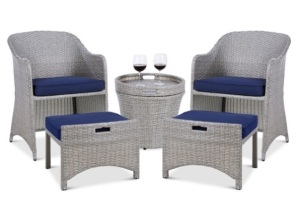 5-Piece Outdoor Wicker Bistro Set w/ Side Storage Table, No Assembly, Gray/Navy