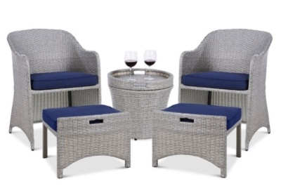 5-Piece Outdoor Wicker Bistro Set w/ Side Storage Table, No Assembly, Gray/Navy