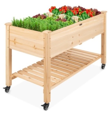 Mobile Raised Garden Bed Elevated Wood Planter w/ Wheels, Storage Shelf, Appears New