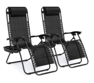 Set of 2 Adjustable Zero Gravity Patio Chair Recliners w/ Cup Holders, Black