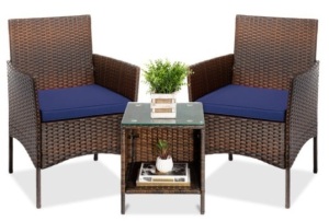 3-Piece Outdoor Patio Wicker Bistro Set w/ Side Storage Table, Brown/Navy