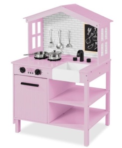 Kids Farmhouse Play Kitchen w/ Chalkboard, Storage Shelves, 5 Accessories, Pink