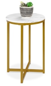 Round Coffee Side Table w/ Faux Marble Top, Metal Frame - 16in, White/Bronze Gold