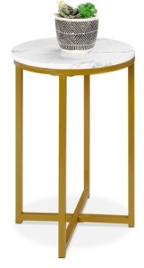 Round Coffee Side Table w/ Faux Marble Top, Metal Frame - 16in, White/Bronze Gold