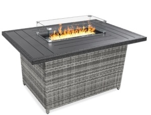 Wicker Propane Fire Pit Table, 50,000 BTU w/ Glass Wind Guard, Cover - 52in, Gray