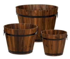 Set of 3 Rustic Wood Bucket Barrel Garden Planters Set w/ Drainage Holes