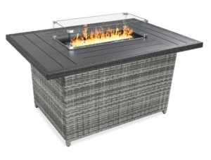 Wicker Propane Fire Pit Table, 50,000 BTU w/ Glass Wind Guard, Cover - 52in, Gray