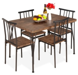 5-Piece Modern Metal and Wood Dining Table Furniture Set w/ 4 Chairs, Drift Brown