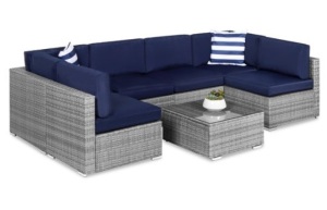 7-Piece Modular Wicker Sectional Conversation Set w/ 2 Pillows, Cover, Gray/Navy