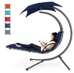 Hanging Curved Chaise Lounge Chair w/ Built-In Pillow, Removable Canopy, Navy Blue