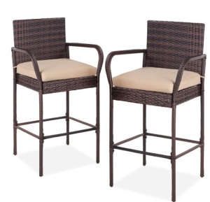 Set of 2 Indoor Outdoor Wicker Bar Stools w/ Cushion, Footrests, Armrests, Brown