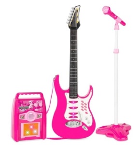 Kids Electric Guitar Toy Play Set w/ 6 Songs, Microphone, Amp, Pink