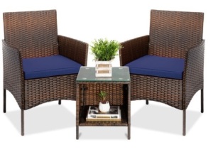 3-Piece Outdoor Patio Wicker Bistro Set w/ Side Storage Table, Brown/Navy