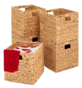 Set of 5 Collapsible Hyacinth Storage Baskets w/ Inserts - 12x12in, Natural