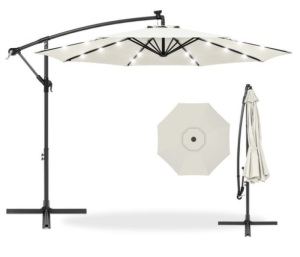 Solar LED Offset Hanging Patio Umbrella w/ Crank Tilt Adjustment - 10ft, Cream