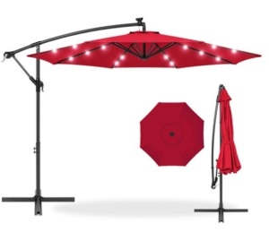 Solar LED Offset Hanging Patio Umbrella w/ Crank Tilt Adjustment - 10ft, Red