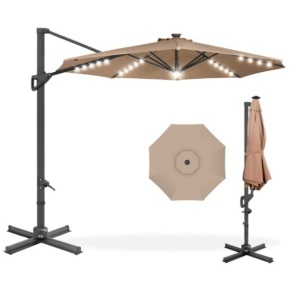 360-Degree Solar LED Cantilever Offset Patio Umbrella w/ Tilt - 10ft, Tan