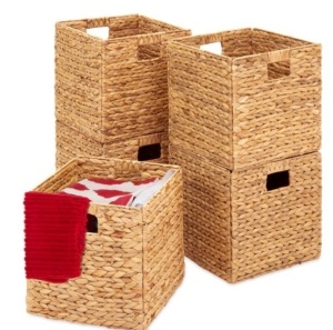 Set of 5 Collapsible Hyacinth Storage Baskets w/ Inserts - 12x12in, Natural