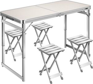 VIVOHOME 4 FT Aluminum Portable 3 Adjustable Height Folding Picnic Table with 4 Stools 