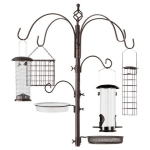 Bird Feeding Station, 6-Hook Steel Multi-Feeder Stand w/ 4 Feeders - 89in, Bronze 