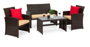 4-Piece Outdoor Wicker Conversation Patio Set w/ 4 Seats, Glass Table Top, Brown/Beige