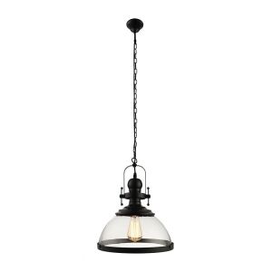 Industrial Pendant Light with 12" Glass Shade, Black