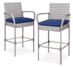 Set of 2 Indoor Outdoor Wicker Bar Stools w/ Cushion, Footrests, Armrests, Gray