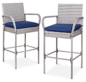 Set of 2 Indoor Outdoor Wicker Bar Stools w/ Cushion, Footrests, Armrests, Gray