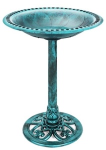 Vintage Outdoor Garden Bird Bath w/ Fleur-de-Lis Accents, Green