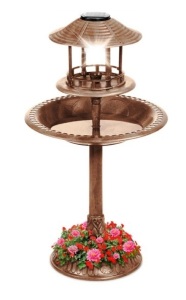 Solar Lighted Outdoor Pedestal Bird Bath w/ Planter, Decorative Bird Cage, Bronze